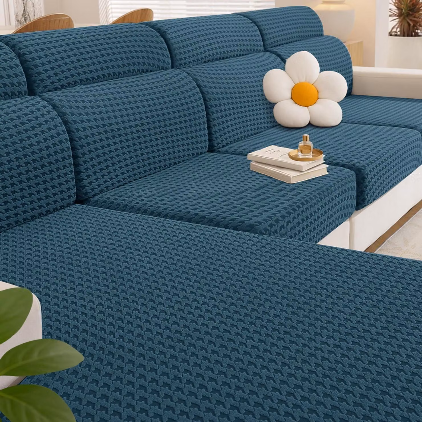 Copertura elasticizzata per cuscini di divano, 2 pezzi per divani a una piazza e 1 pezzo per chaise longue, colore blu pavone