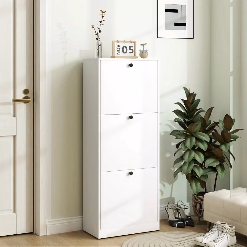 Scarpiera moderna per ingresso con 3 ante ribaltabili e ripiani interni, colore bianco, L: 47 cm, P: 26 cm, H: 120 cm – 2