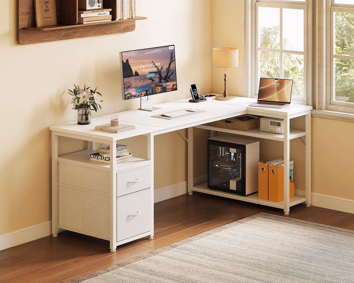 Scrivania ad angolo, forma a L, bianca - 140x80 cm, piano di lavoro - struttura in metallo - con cassetti e porte USB - ideale per il lavoro da casa e il gaming