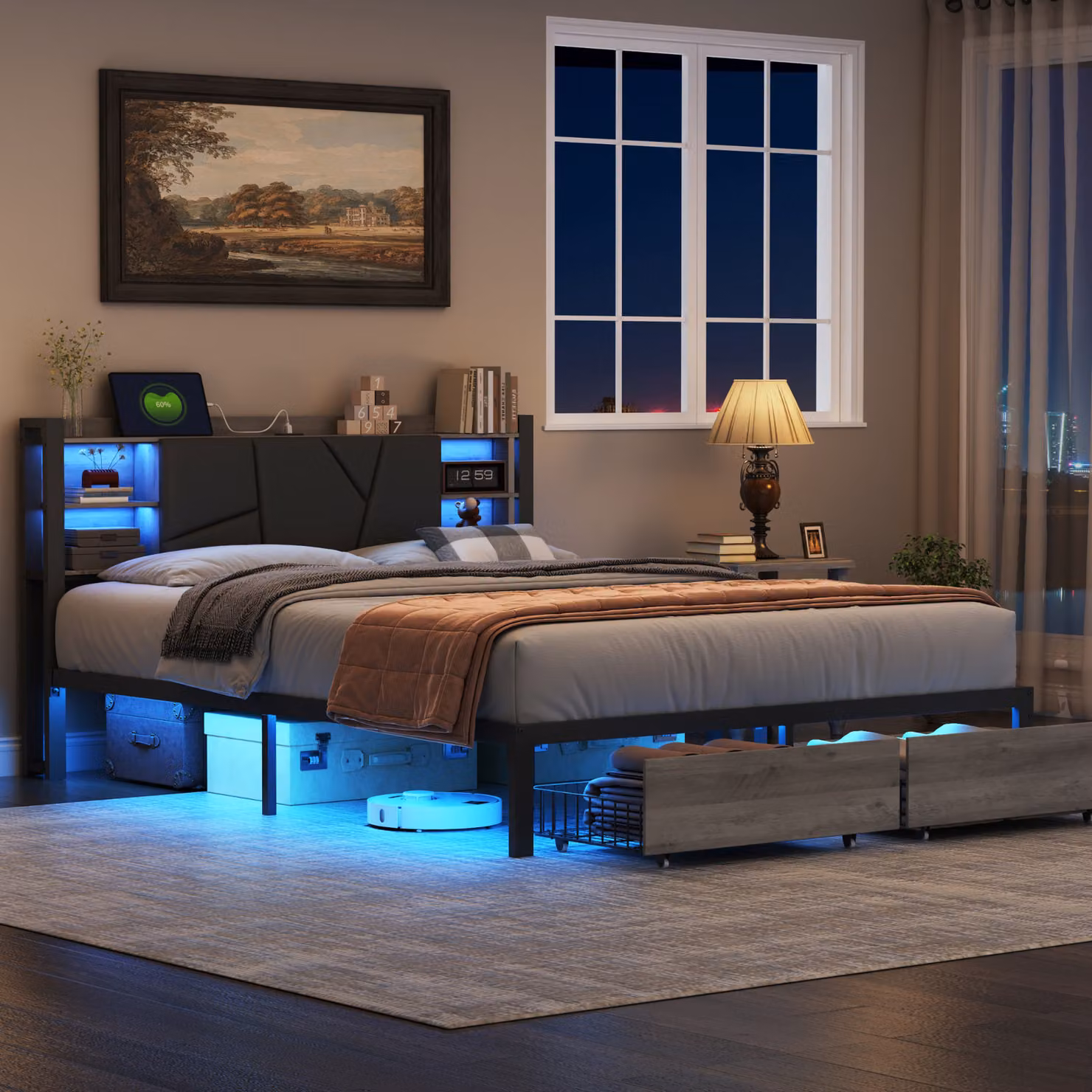 UnboxG letto imbottito 160x200cm letto contenitore letto in metallo con USB, letto matrimoniale letto giovanile con cassetti, letto in ferro letto funzionale con LED e rete a doghe, PU, nero