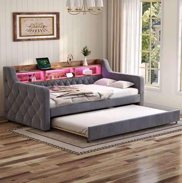Divano letto 90x190 cm estraibile con contenitore in velluto grigio scuro