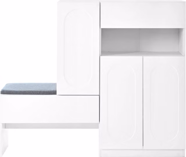 Armadio 2-in-1 con seduta imbottita e ante curve soft-close, bianco, 130×35×110 cm
