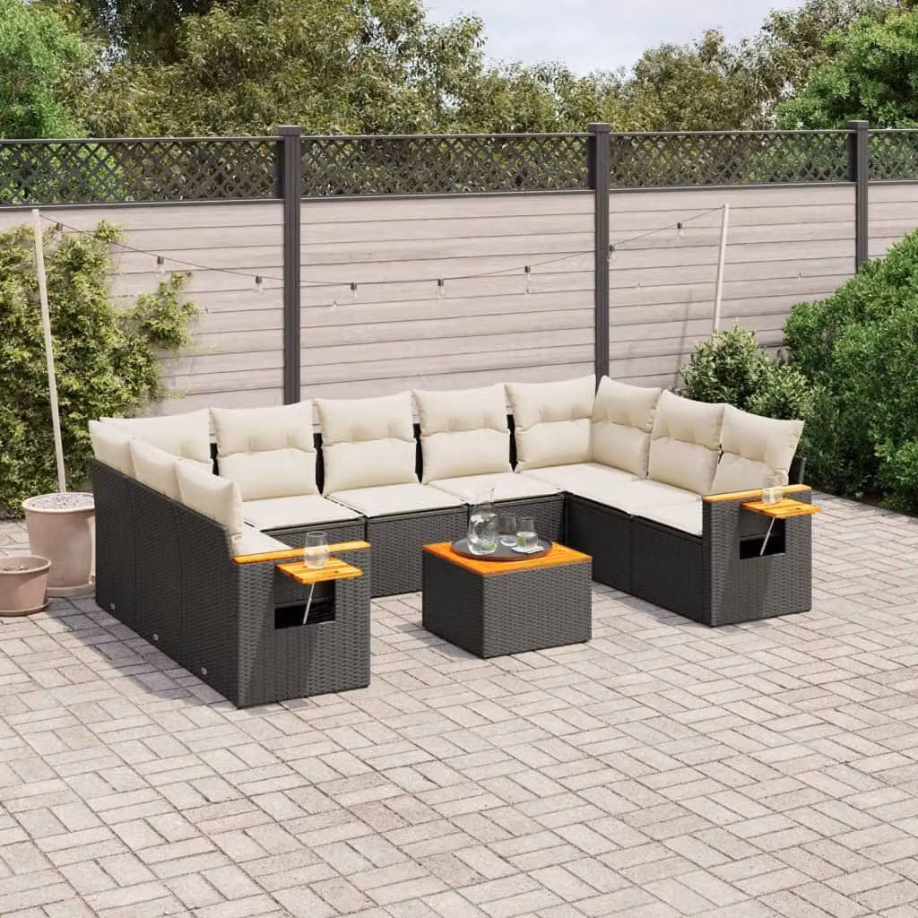 Set di divani da giardino vidaXL in polyrattan nero con cuscini e tavolino da esterno – 1