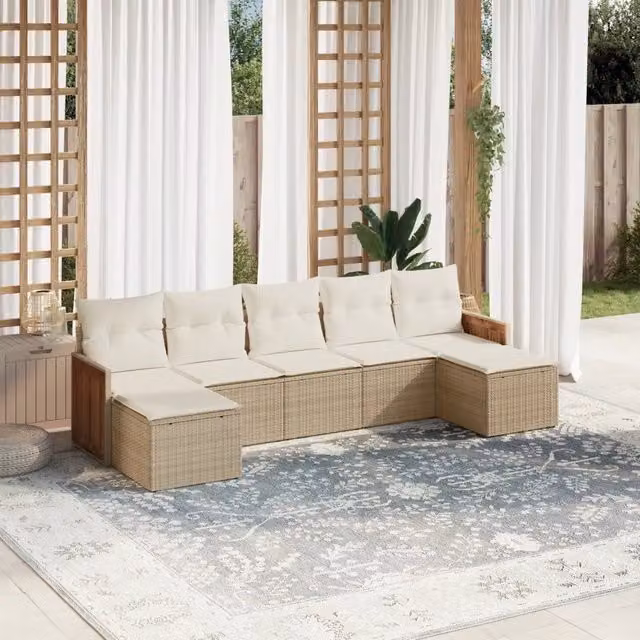 Set di divani da giardino a L vidaXL composto da 7 pezzi con cuscini beige e pouf in rattan e metallo