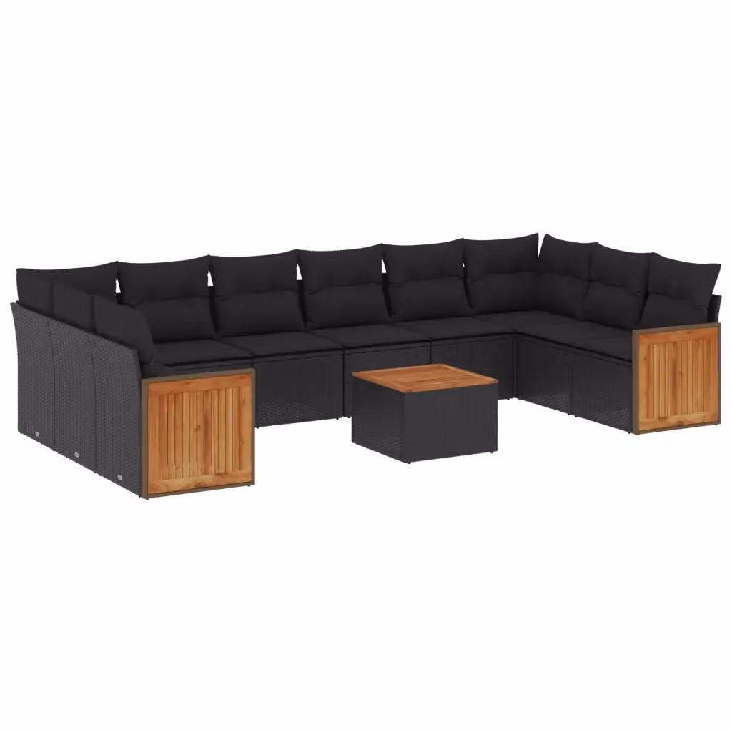 vidaXL Set Divani da Giardino 11 pz Moderno in Polyrattan e Legno di Acacia Nero con Cuscini e Tavolino – 2