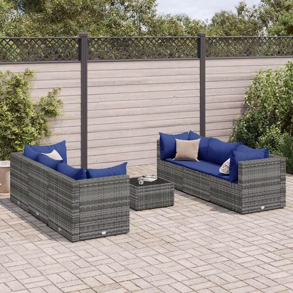vidaXL Set Divani da Giardino 7 pz a Forma a L con Tavolino in Vetro e Cuscini Blu e Grigio – 1