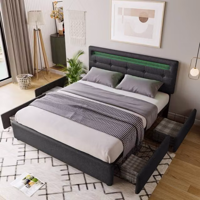 Letto matrimoniale 140x200 cm con testiera regolabile, 4 cassetti, LED integrata e rete a doghe in legno, grigio