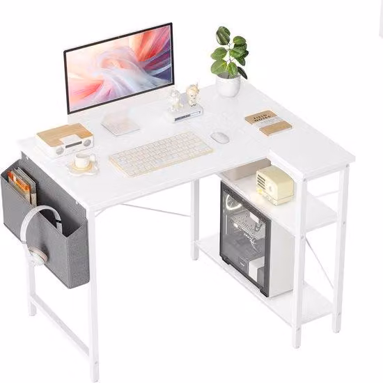 Piano di lavoro curvo 100 x 70 cm – Tavolo da gaming con vani portaoggetti e angolo PC reversibile, ideale per lo studio e il lavoro
