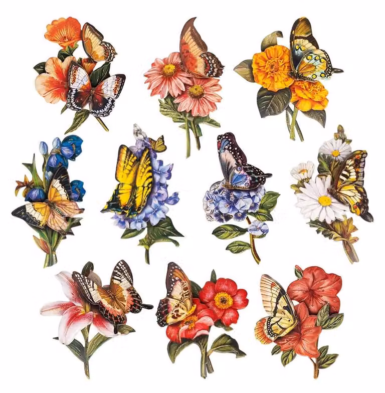Motivi tridimensionali, ritagliati, confezione da 10 pezzi, farfalle e fiori