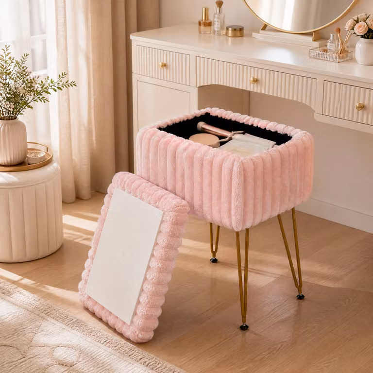 Sgabello da trucco Costway con contenitore e coperchio reversibile in velluto Rosa