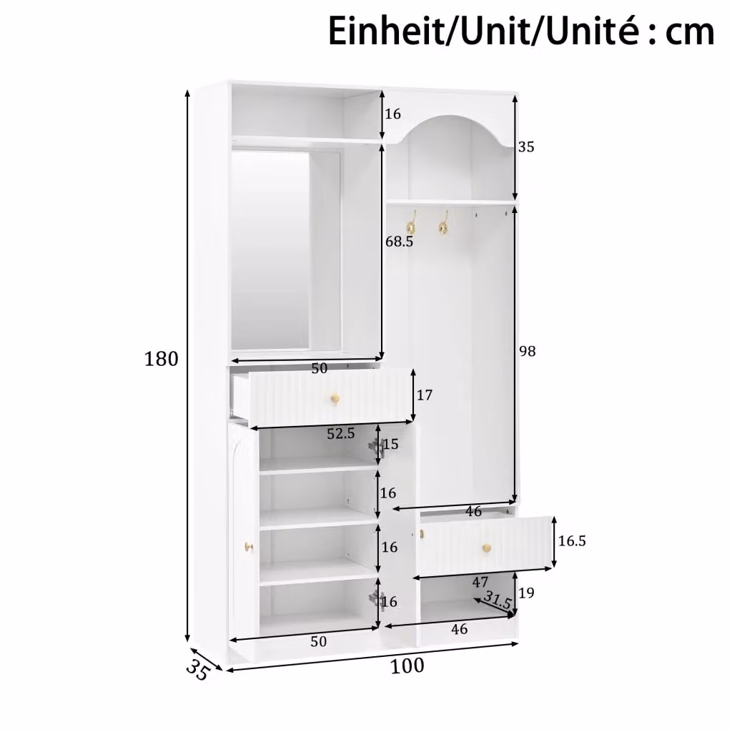 Armadio portaingresso REDOM con specchio, panca e illuminazione LED, bianco opaco, L: 100 cm, P: 35 cm, H: 180 cm – 2