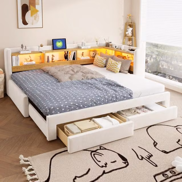 Divano letto estraibile 3 in 1 90x200 cm con cassetti; LED e presa; beige