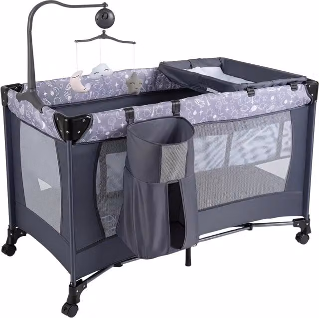 Lettino pieghevole da viaggio per bambini 0-3 anni con materasso, fascioio, recinto e scatola musicale, colore grigio, L: 126 cm, P: 77 cm, H: 65 cm – 1