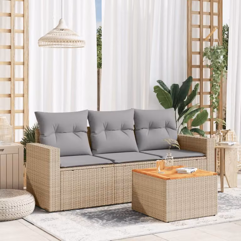 vidaXL Set Divano da Giardino 4 pz in Polyrattan con Cuscini Beige e Grigio e Tavolino da Esterno