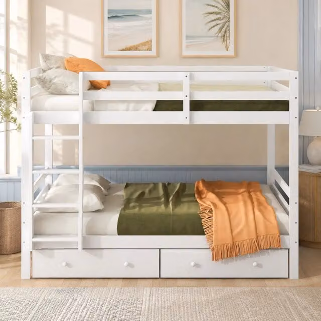 Letto a castello ULEVR 140x200 cm con cassetto removibile e spazio contenitore, pino e MDF bianco