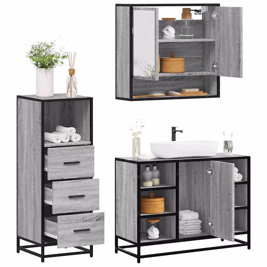 Set di mobili da bagno industrial vidaXL in 3 pezzi grigio con legno, metallo e vetro