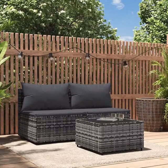 Set da giardino moderno vidaXL composto da divano a 2 posti e tavolino da caffè con cuscini in antracite e struttura in metallo e rattan