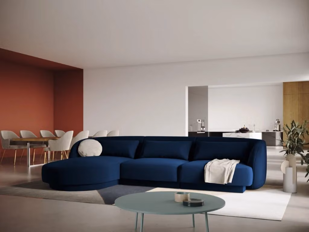 Divano angolare sinistro Tulum di Cosmopolitan Design in velluto blu, 4 posti, L 255 cm x P 174 cm x H 99 cm – 2