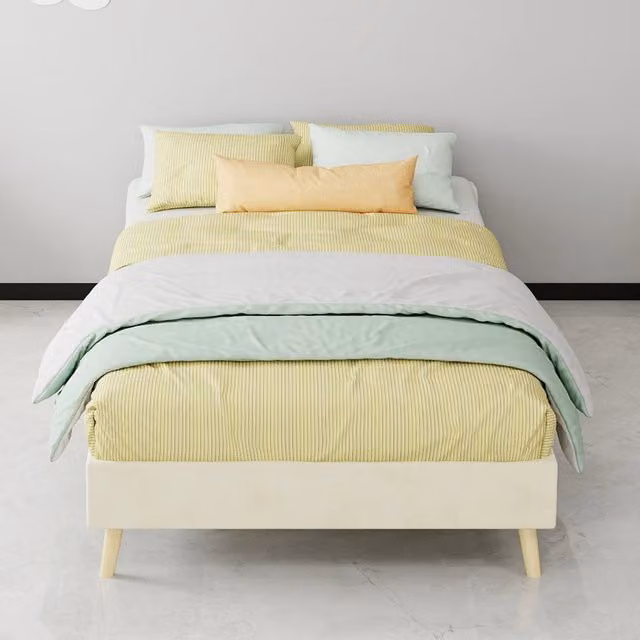 Letto singolo a piattaforma 90 × 200 cm in tessuto e metallo beige dal design moderno