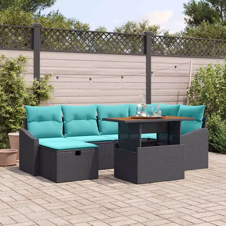 Set Divano da Giardino vidaXL 7 Pezzi in Polyrattan Nero con Cuscini Turchesi e Tavolino da Esterno