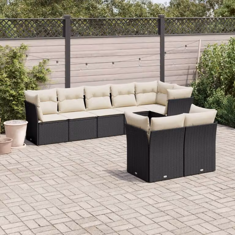 Set di divani da giardino vidaXL a forma di L in polyrattan nero con 8 cuscini imbottiti e coperture rimovibili