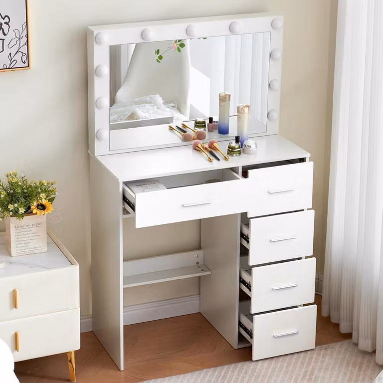 Tavolino da toilette con illuminazione a LED e specchio per il trucco - Struttura in MDF, luminosità regolabile