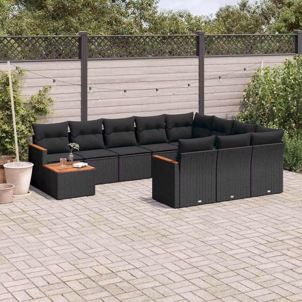 vidaXL Set Divani da Giardino a L 11 pz in Polyrattan Nero con Cuscini e Tavolino da Esterno – 1