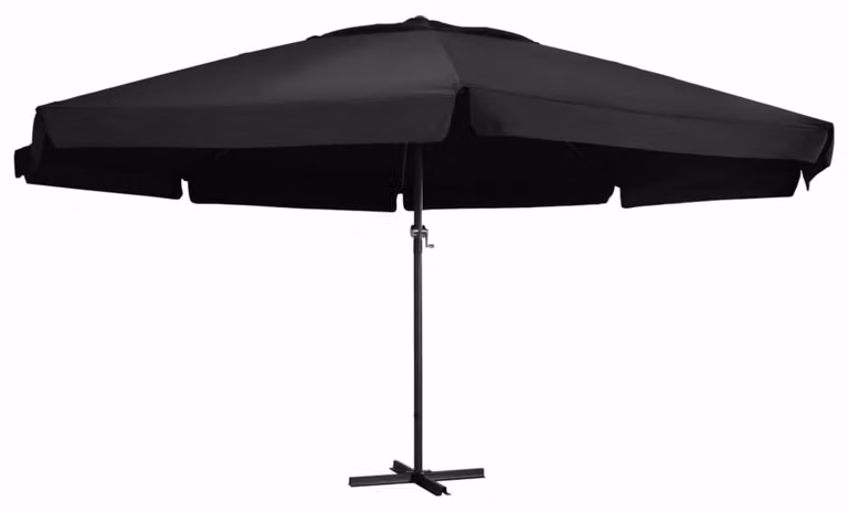 Ombrellone con palo in alluminio nero, altezza 600 cm, dotato di base a croce