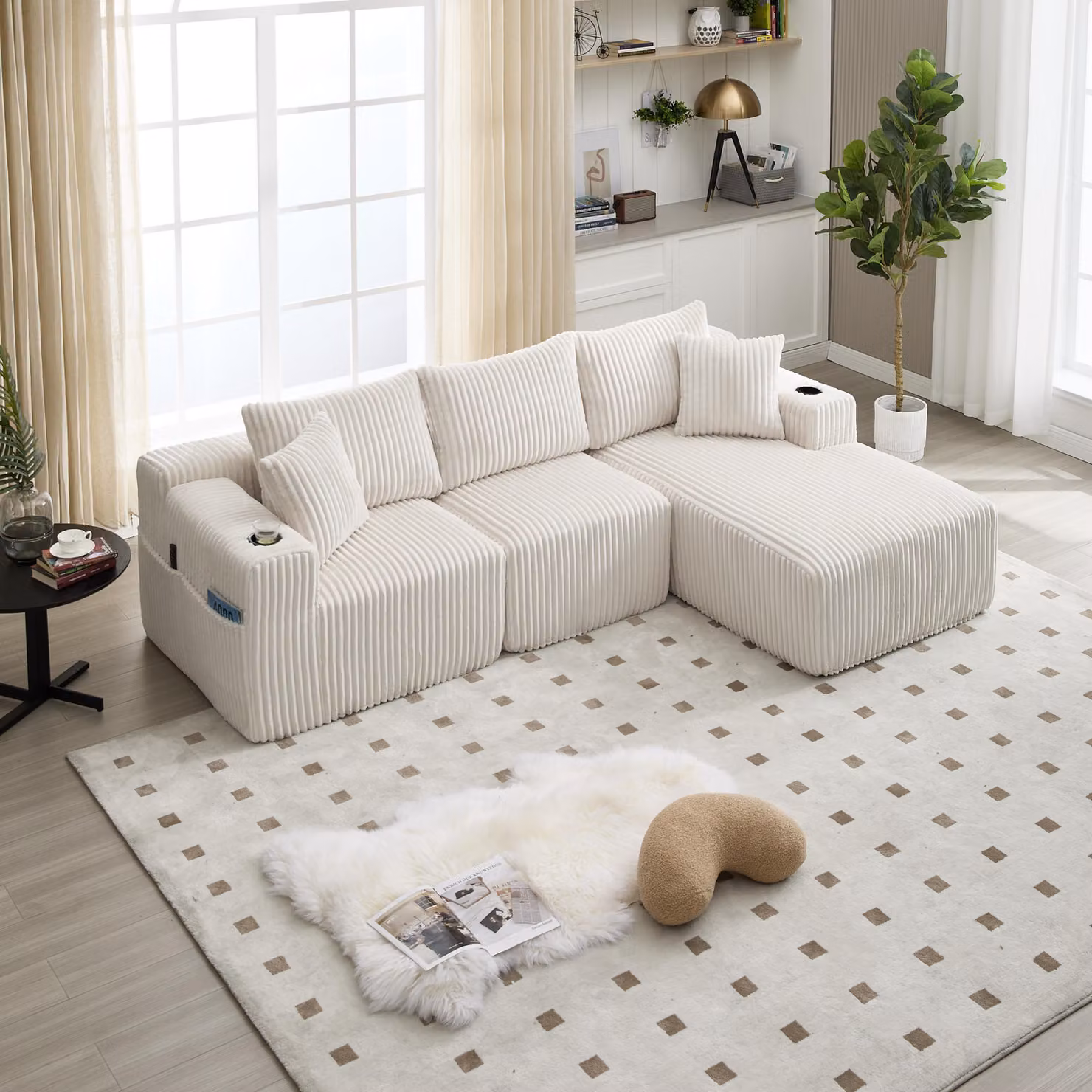 LVHOM Divano componibile con funzione letto, divano angolare con rivestimento in velluto a coste, 3 posti con cuscini, divano letto senza montaggio, divano lounge 257x80x160cm, beige
