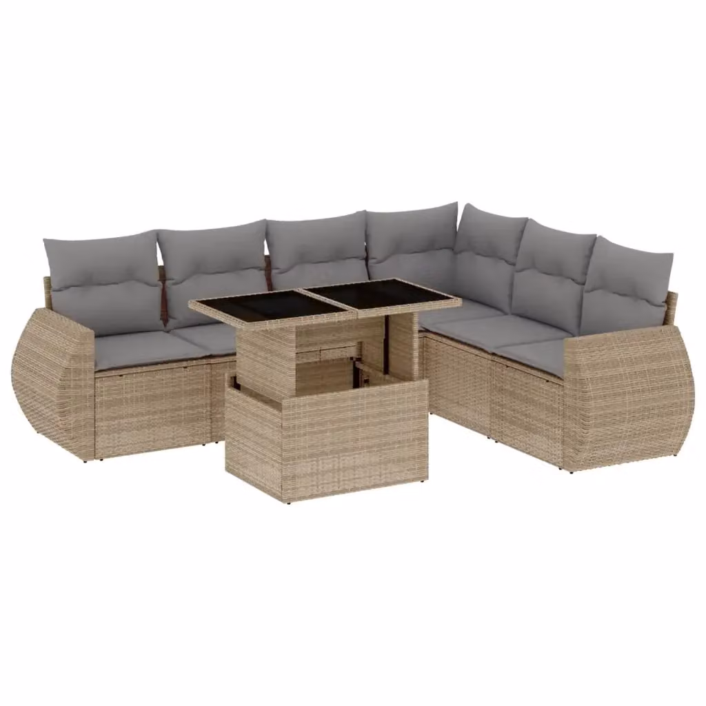 Set di divani da giardino vidaXL in polyrattan da 7 pezzi con cuscini beige e tavolino per esterno a forma di L – 2