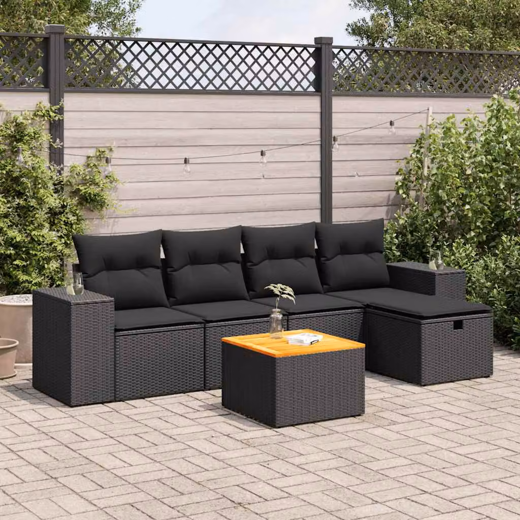 Set Divano da Giardino L-Shape vidaXL in Polyrattan Nero con Cuscini e Ottoman, 6 Pezzi