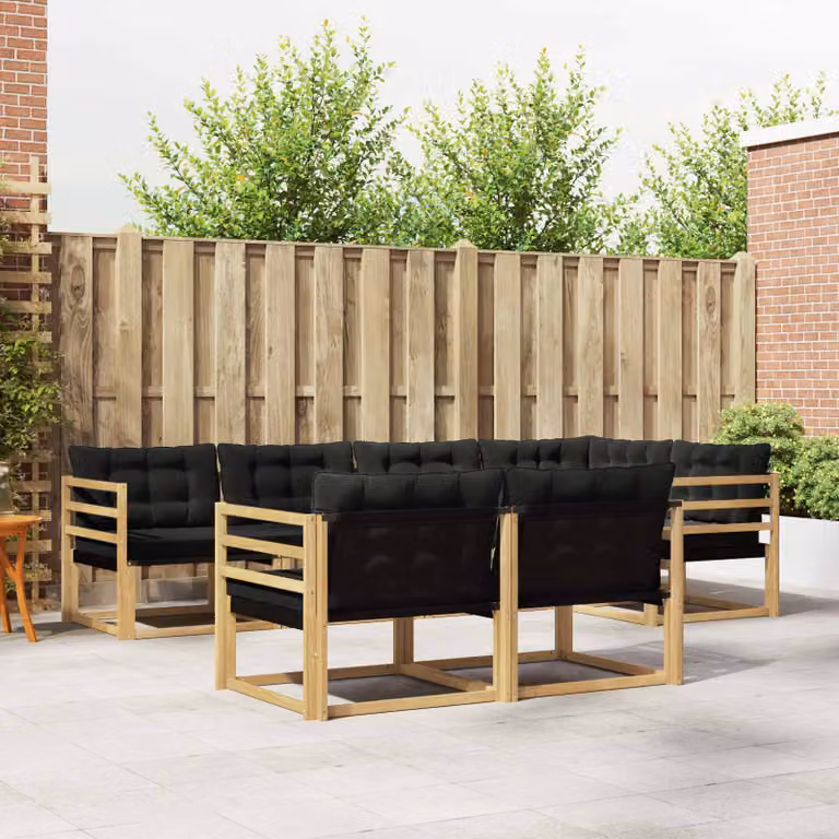 Set di divani da esterno vidaXL 7 pz a forma di U in legno di acacia con cuscini bianchi e neri