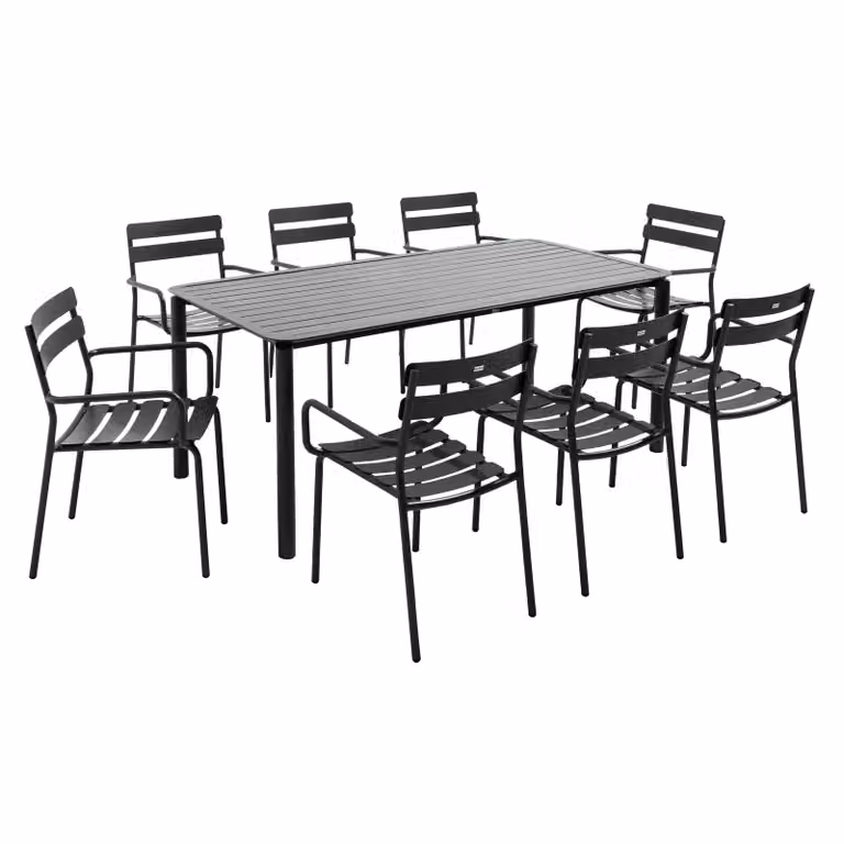 Tavolo da patio quadrato (185 x 92 cm) e 8 poltrone nere - Oviala Almada