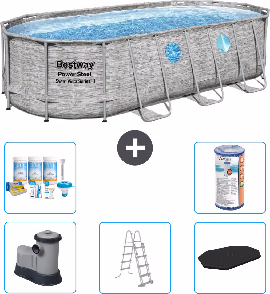 Piscina Bestway Oval Power Steel Swim Vista - stampa su pietra - 549 x 274 x 122 - inclusa pompa - scala - copertura pacchetto manutenzione - filtro