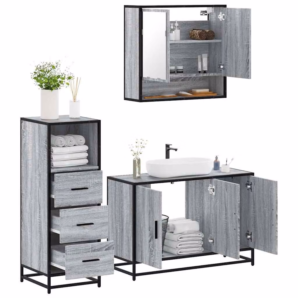 Set di mobili da bagno industrial vidaXL in 3 pezzi grigio con specchio e illuminazione LED in legno, metallo e vetro, L/P/H: 90 x 33 x 60 cm