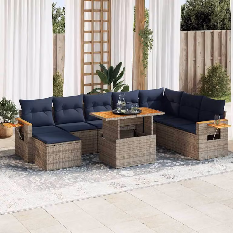 Set Divano da Giardino vidaXL 10 Pezzi a Forma di U in Polyrattan e Legno di Acacia con Cuscini Grigio e Blu