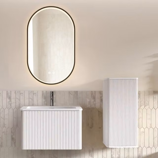 Set Mobile Bagno 60 cm con Lavabo Sospeso, Mobiletto Laterale e Specchio LED Ovale Cornice Nera, Bianco