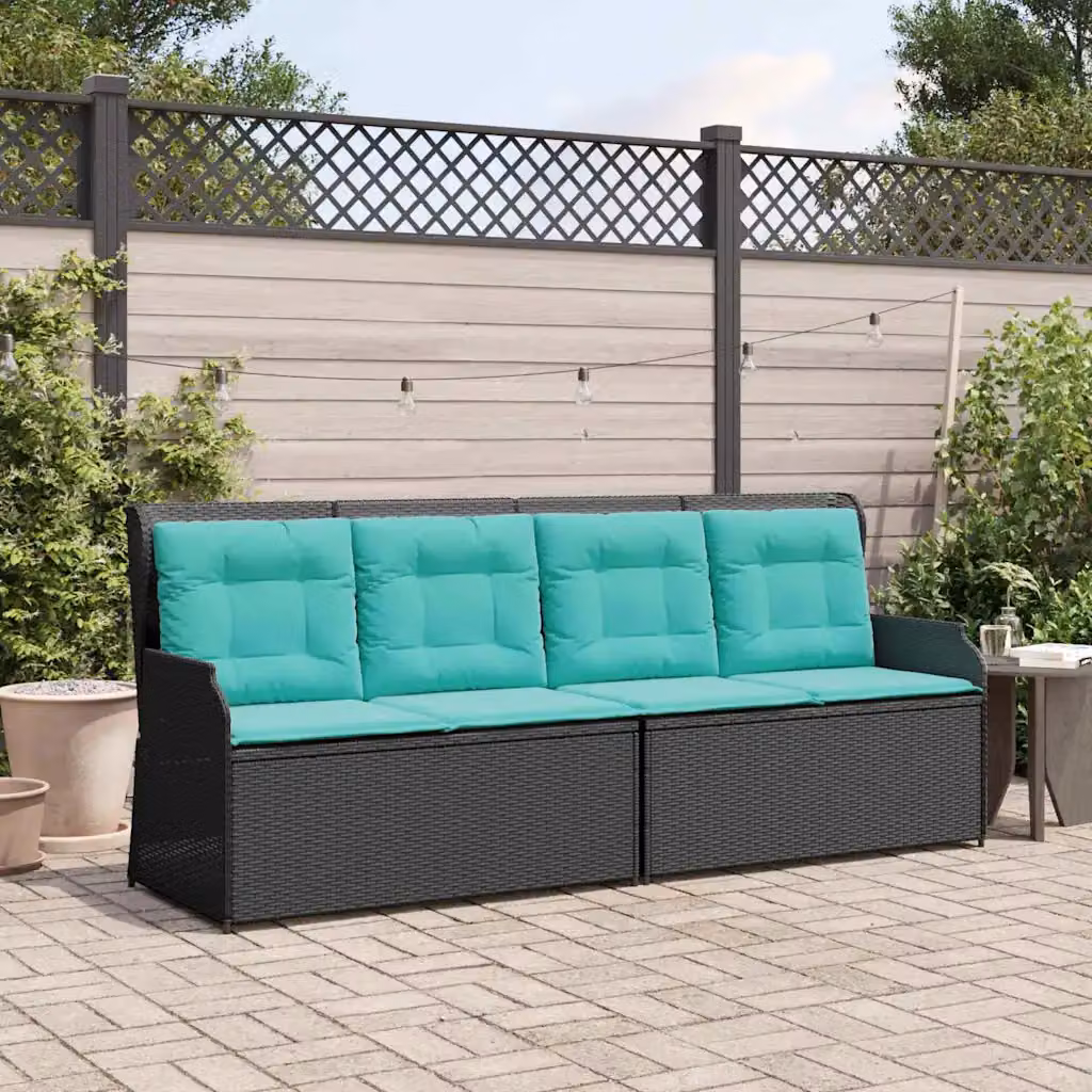 Panchina da giardino moderna vidaXL in rattan e metallo con braccioli, colore nero e turchese, L: 220 cm, P: 110 cm, H: 67 cm