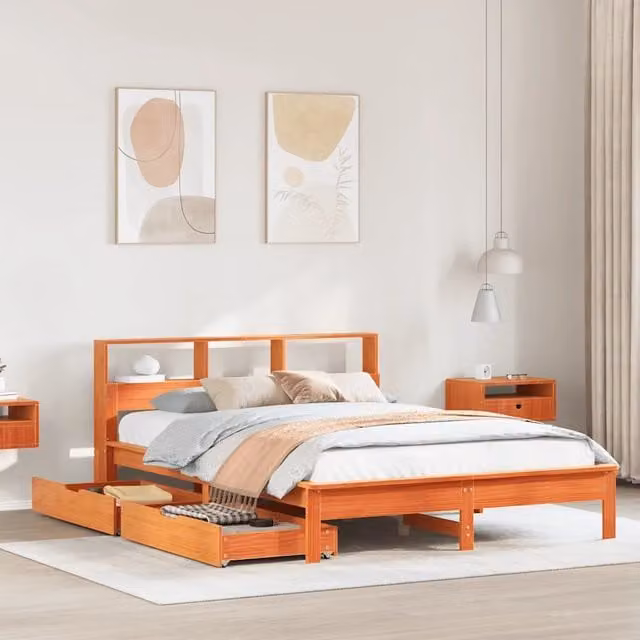 Letto Libreria senza Materasso-Struttura Letto con contenitore Marrone Cera 120x200 cm in Pino 747479