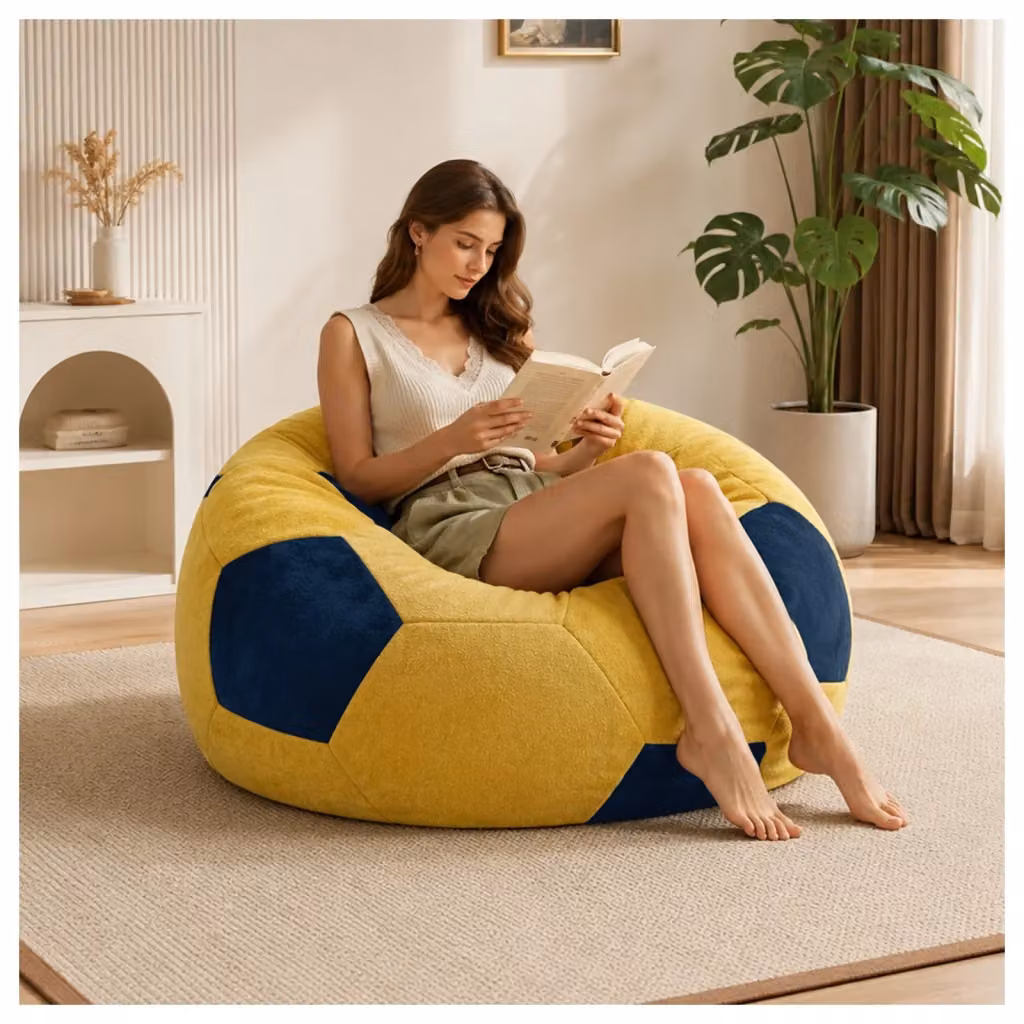 Pouf a sacco rotondo OKWISH in flanella con imbottitura in schiuma, seduta morbida per salotto e camera, blu e giallo, L: 48 cm, P: 38 cm, H: 21 cm – 2