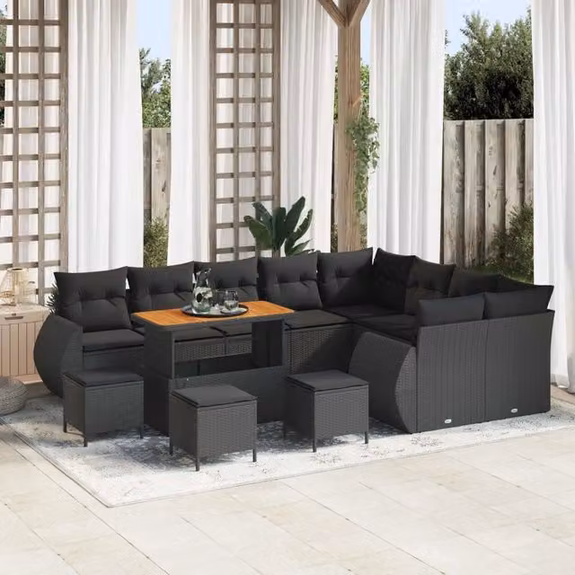 Set Divano da Giardino vidaXL 13 Pezzi Nero con Poltrona, Tavolino e Cuscini in Polyrattan e Acciaio