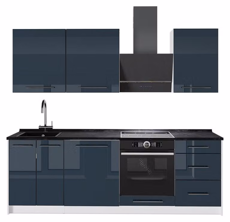 Cucina componibile Vicco Fame-Line Blu scuro lucido/Bianco 230 cm senza piano di lavoro, Model 64021
