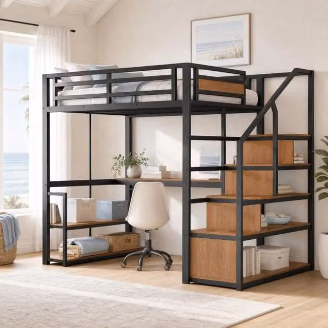 Letto a soppalco MIVRAY in metallo e MDF nero con scala contenitore, scrivania e ripiani laterali, dimensioni 140 x 200 cm