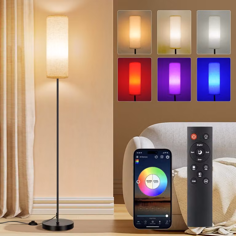 Lampada da terra moderna per soggiorno, con illuminazione RGB, dimmerabile, controllabile tramite telecomando, con modalità musicale e base nera, ideale per ufficio o camera da letto