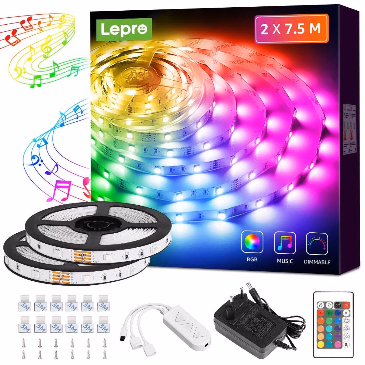 Striscia LED Lepro da 15M (2x7,5M), catena luminosa LED con controllo musicale e telecomando, striscia luminosa RGB dimmerabile, ideale per decorazioni di feste e Natale