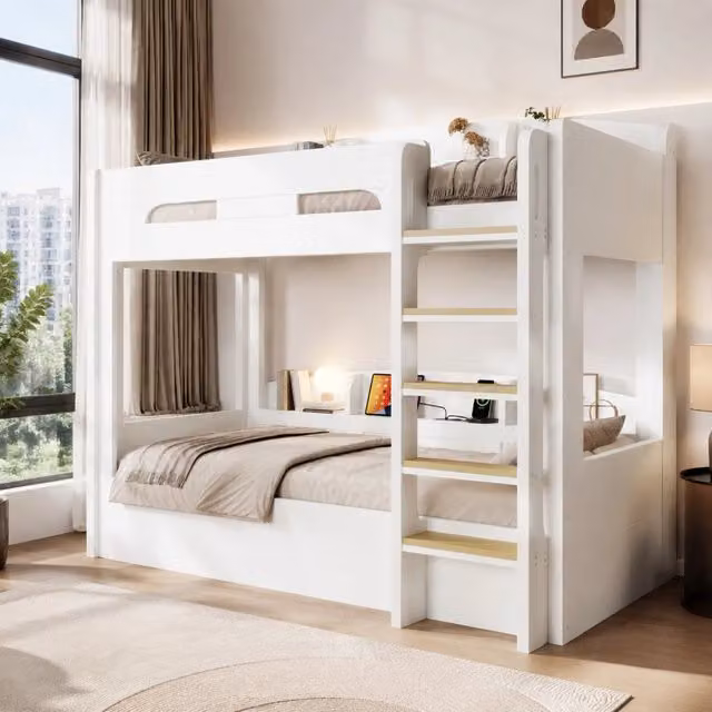 Letto a castello 90x200 cm con USB e ripiani, bianco