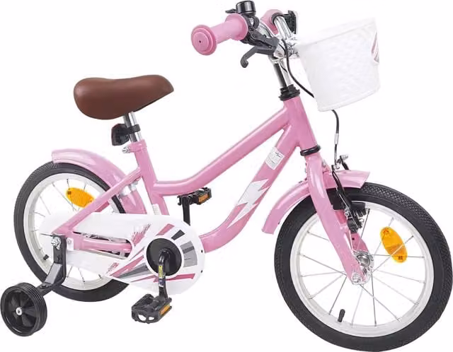 Bicicletta per bambini rosa con componenti in metallo e gomma