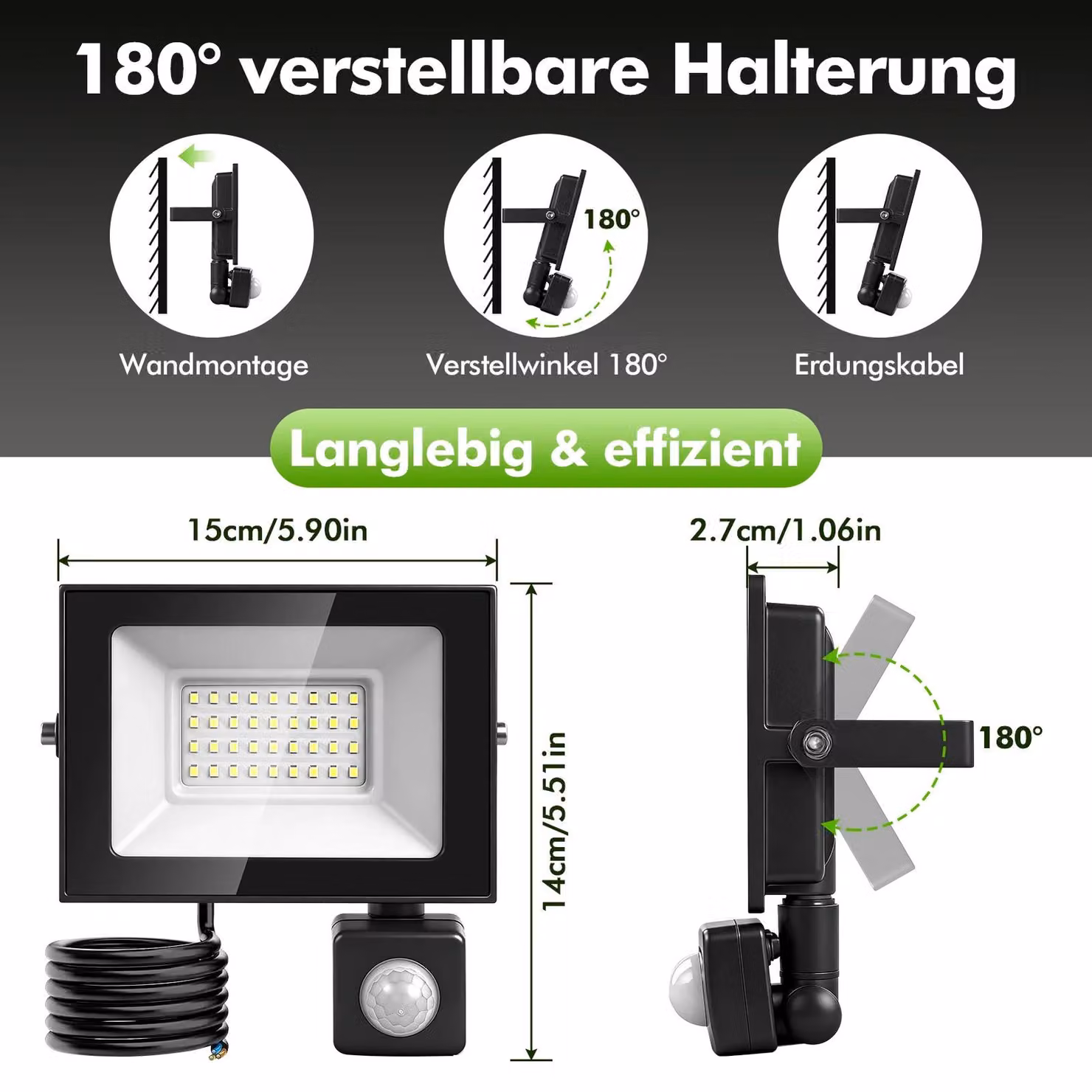 Faretto a LED - 30 W - Sensore di movimento - Per uso esterno - Impermeabile - 6500 K (bianco freddo) - Confezione da 5 pezzi