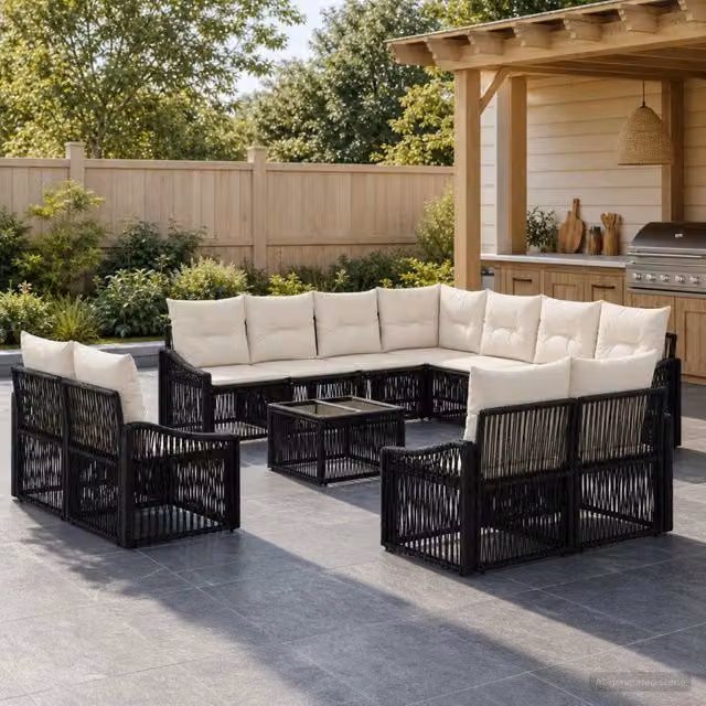 Set Divano da Giardino a Forma di U vidaXL in Polyrattan Nero con Cuscini Beige e Tavolino da Esterno – 1