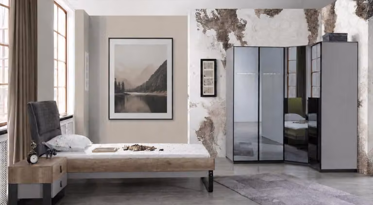 Set per camera da letto: letto, armadio, comodino, colore grigio, design moderno